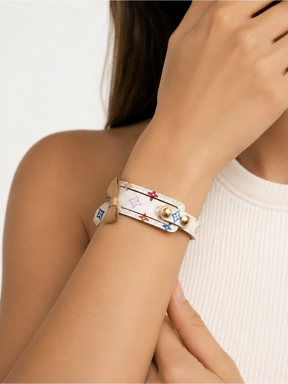 Louis Vuitton White Murakami Monogram ID Bracelet with Gold Hardware